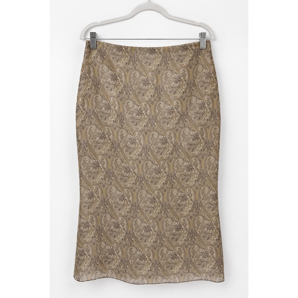 Massimo Dutti 100% Silk Paisley Pencil Skirt EU 40 Made Spain Taupe Midi US 8
